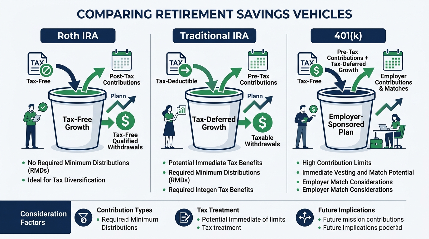 Tax-Smart Retirement Planning: Roth IRA, Traditional IRA, and 401(k) Considerations