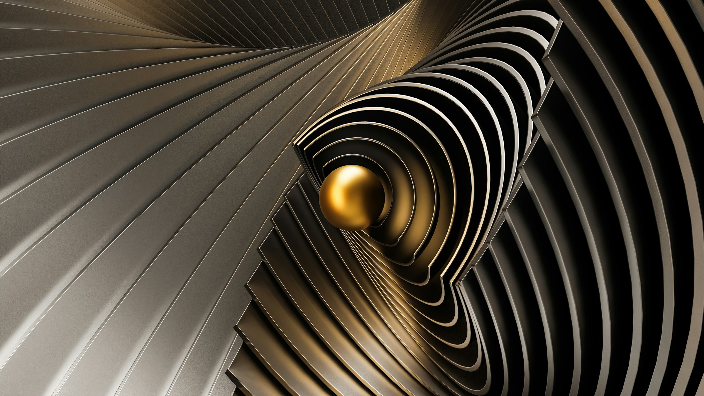 Abstract metallic and gold spiral structure with a central sphere