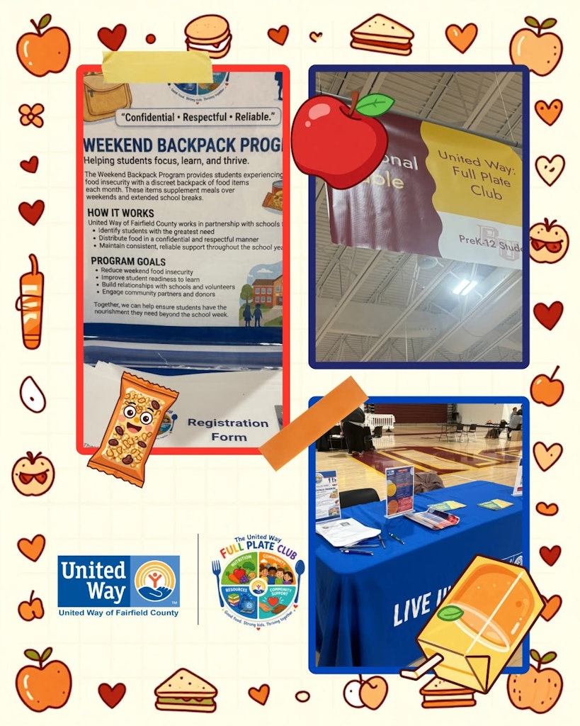 3 image collage of the United Way: Full Plate club table display at local schools Open House