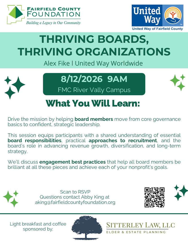 Thriving Boards, Thriving Organizations nonprofit convening happening on August, 12th at Fairfield Medical Centers River Valley Campus from 9:00 AM to 11:00 AM
