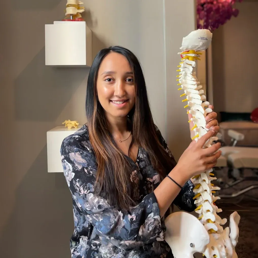 Person holding a model of a human spine in a chiropractic office.