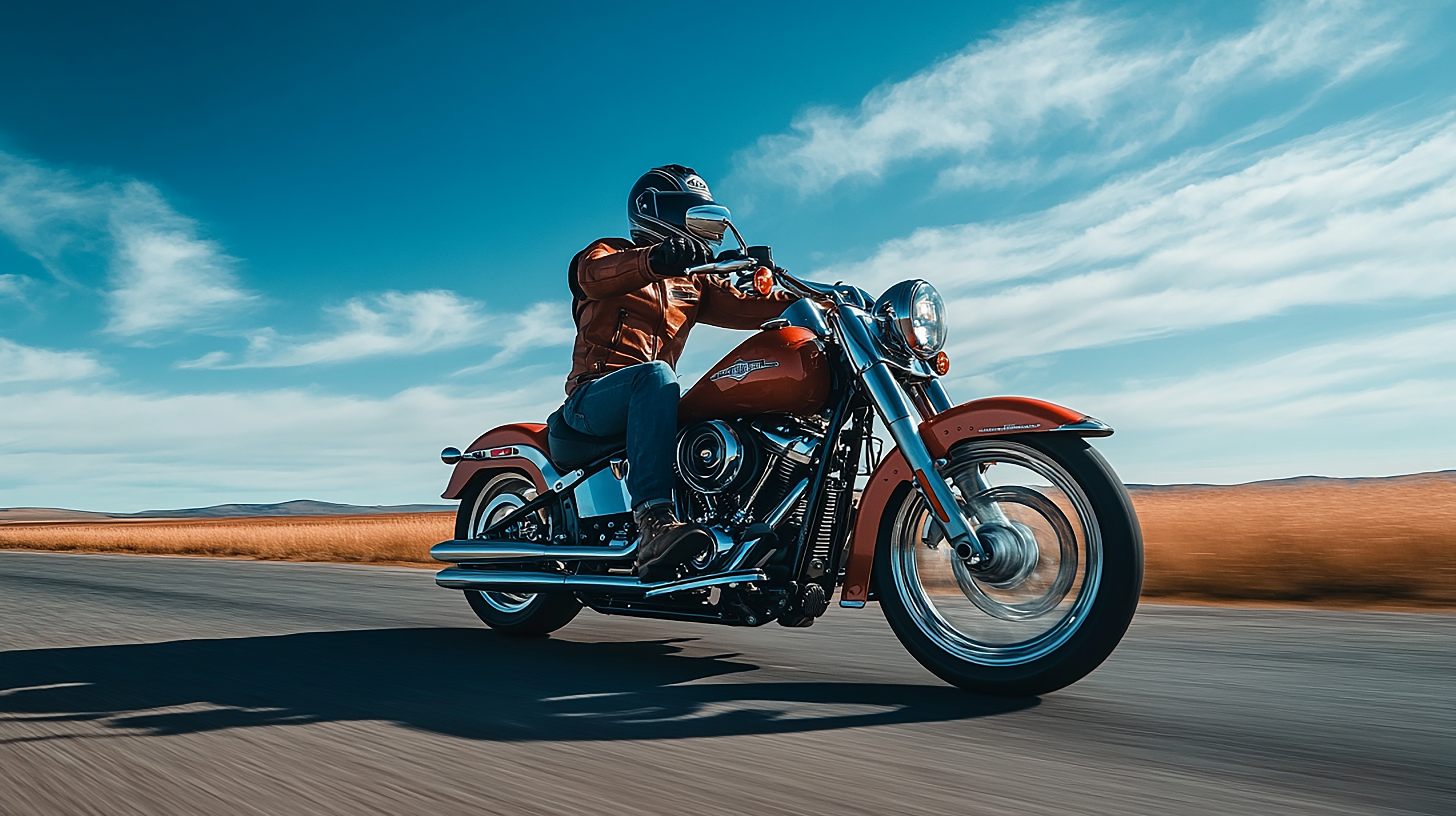 Motorcyclist riding a red motorcycle on an open road