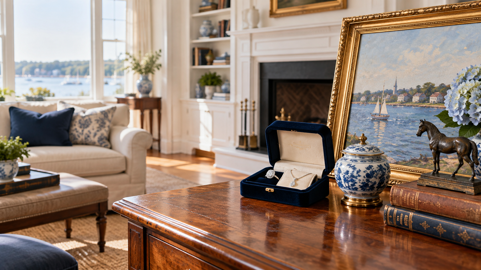 Elegant living room with a view of a lake, featuring a painting, jewelry box, and decorative items on a wooden table.