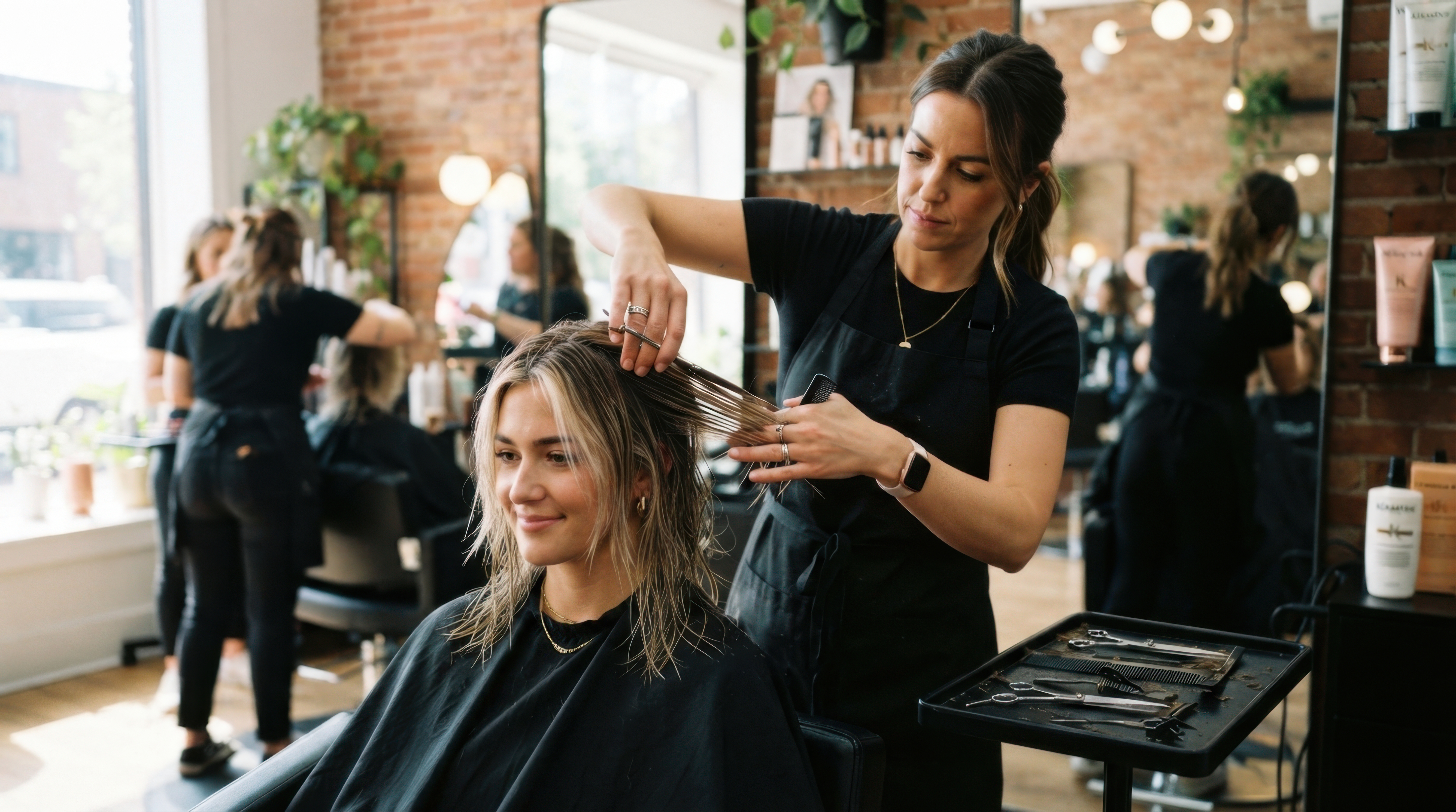 Hair stylist cutting a woman's hair in a salon with brick walls and mirrors.