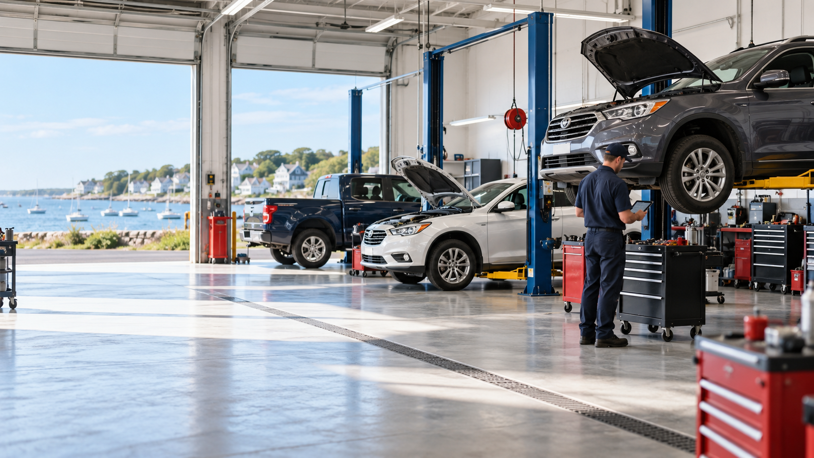 Mechanic working in a car repair shop with vehicles on lifts and a view of the sea outside.