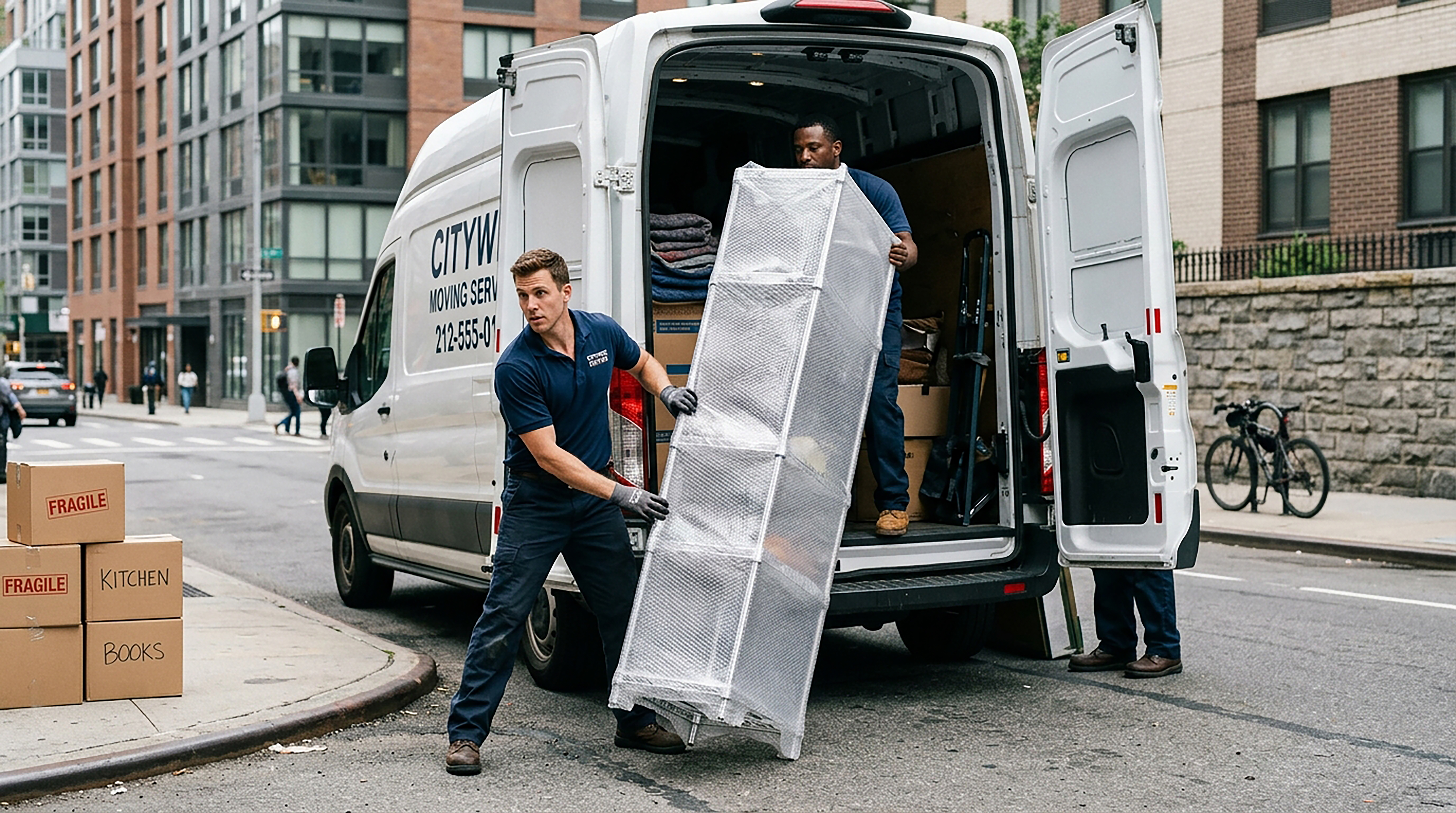Movers unloading furniture from a van on a city street