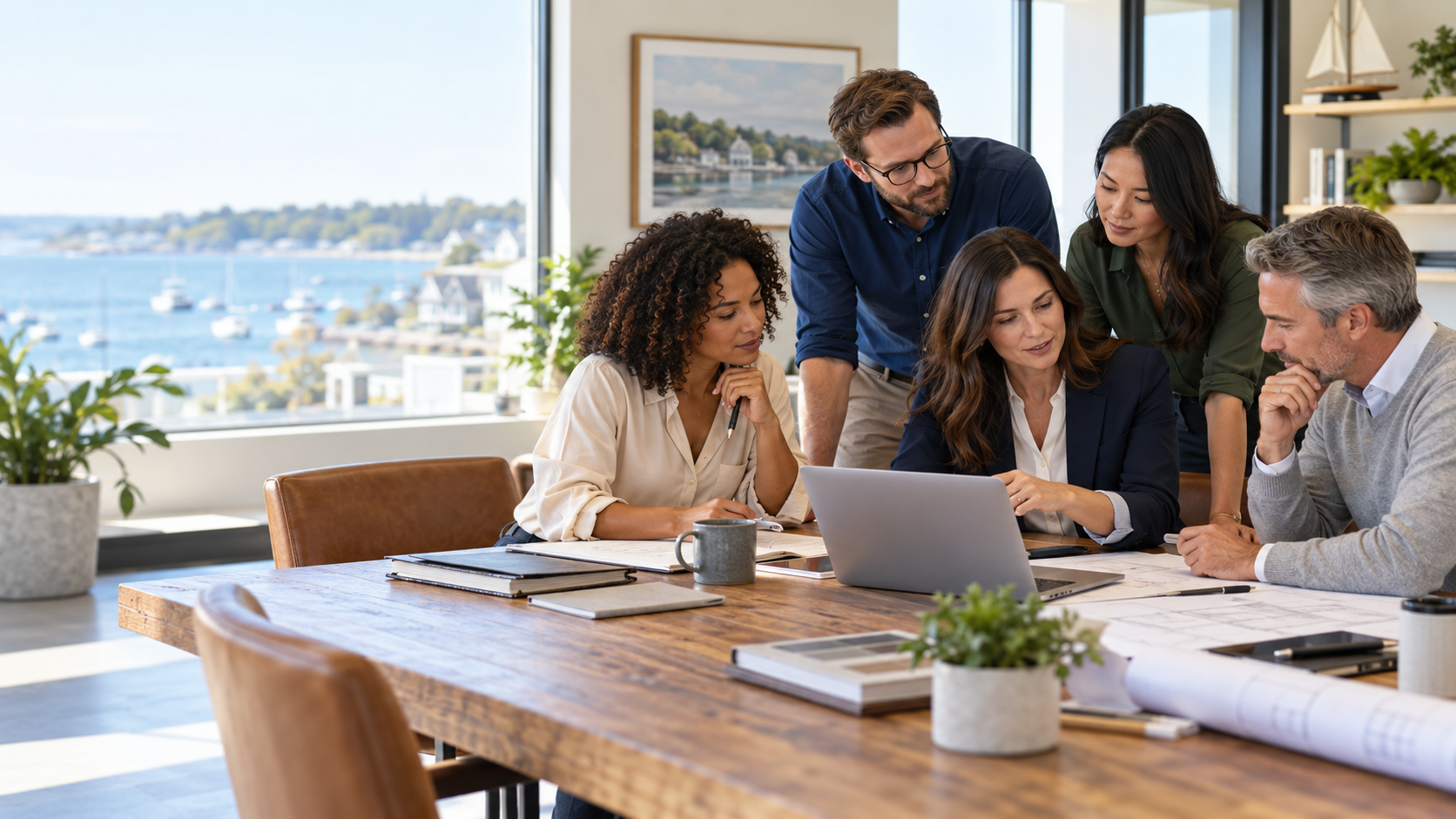 Group of professionals collaborating around a laptop in a modern office with a view of the sea.