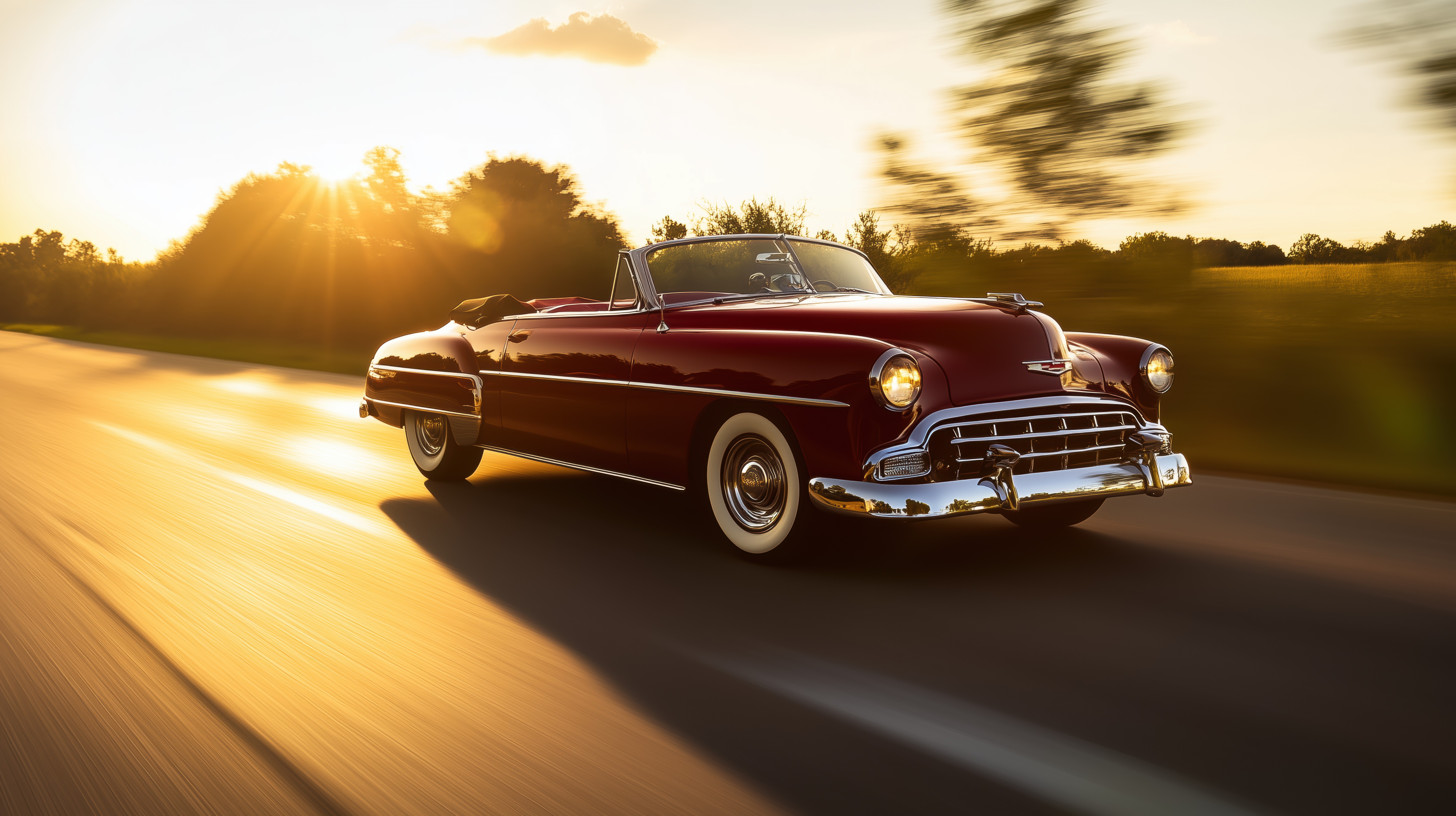 Classic red convertible car driving on a country road at sunset
