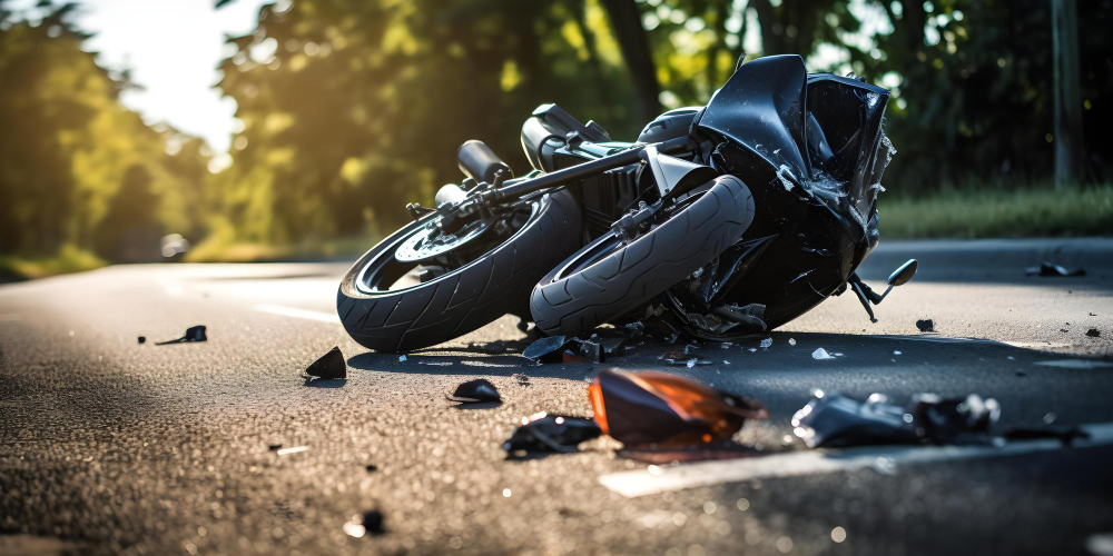 A damaged motorcycle lying on its side on a road with debris scattered around.