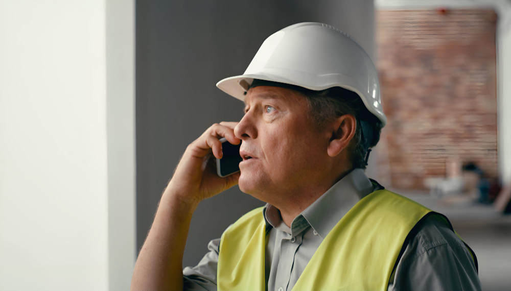 Construction worker in a hard hat talking on a mobile phone.