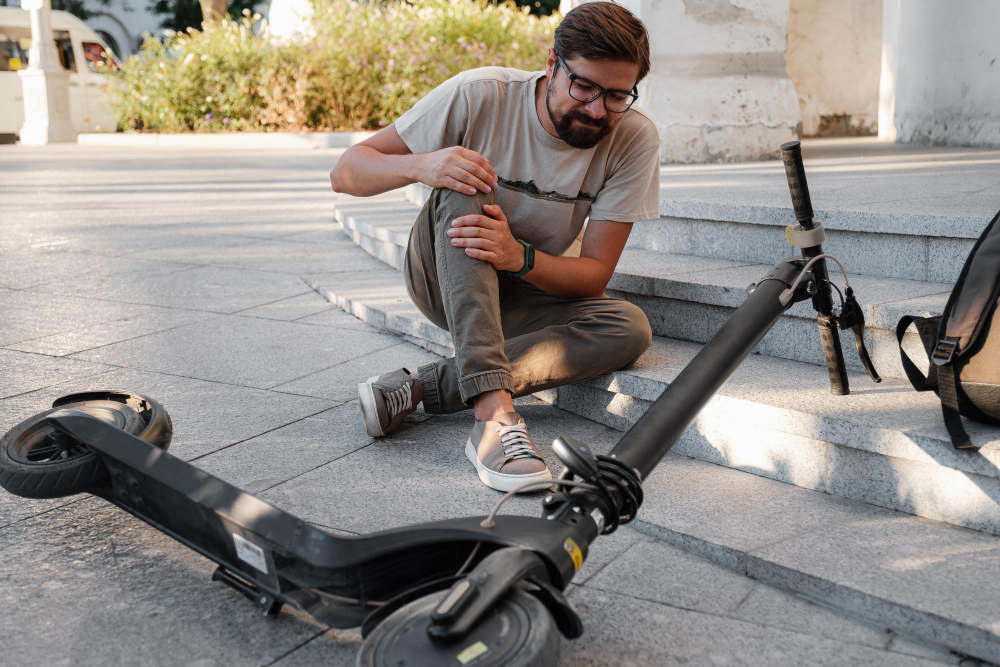 Man sitting on steps next to a fallen electric scooter, holding his knee.