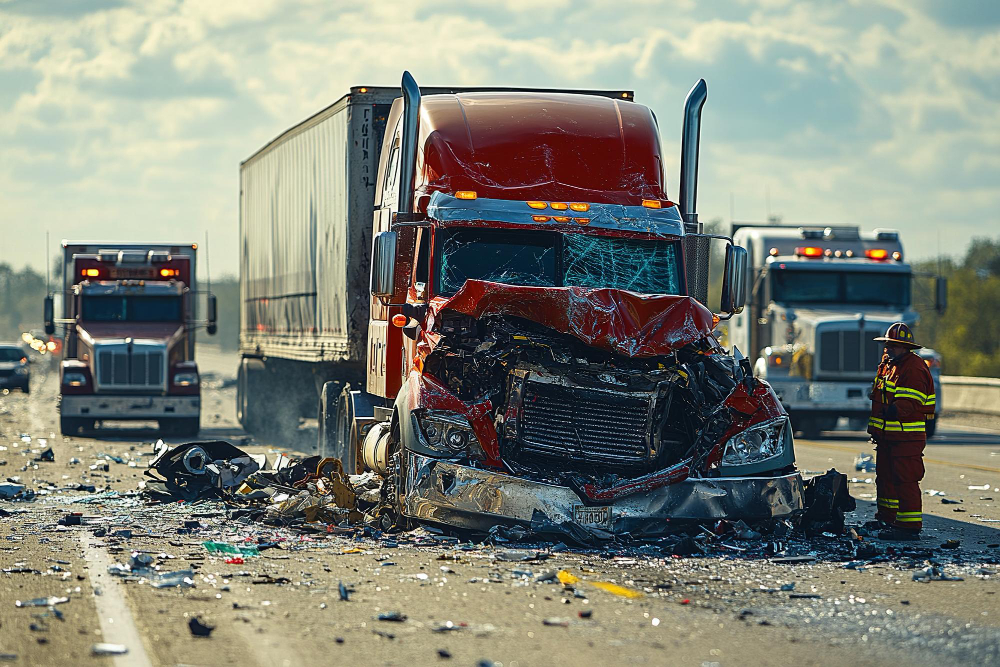 Severely damaged red semi-truck on highway with debris scattered around.