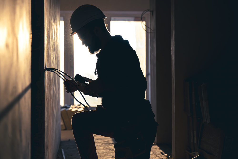 Silhouette of a construction worker inspecting wires in a dimly lit room