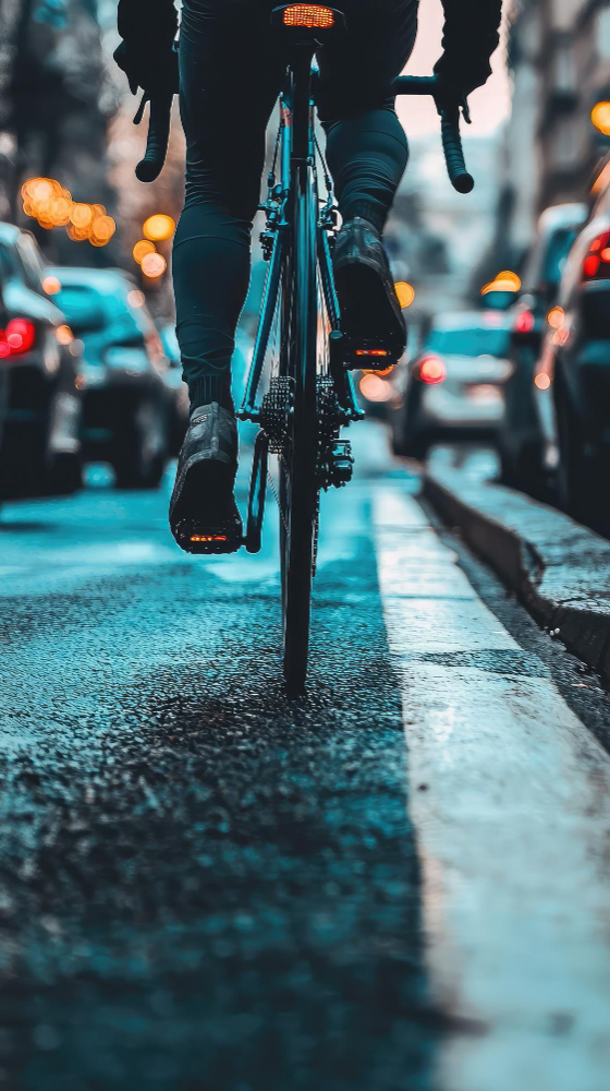 Cyclist riding on a city street with blurred cars in the background