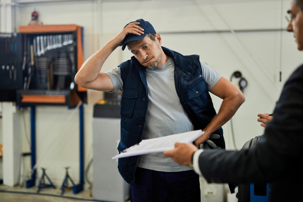 Worker in a cap looking concerned while talking to a person holding documents in a workshop.