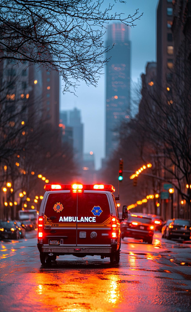 Ambulance with flashing lights driving down a city street at dusk.