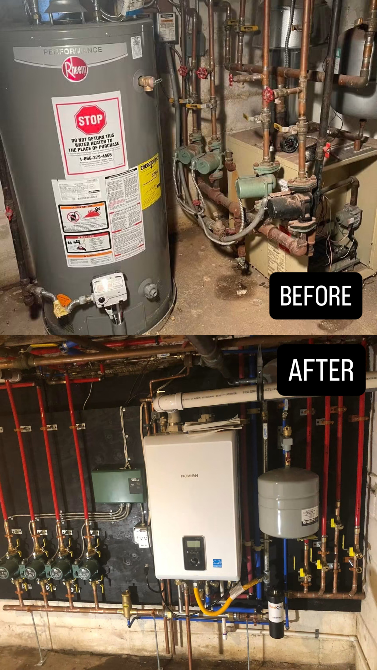 Before and after comparison of a plumbing system upgrade with a new tankless water heater.