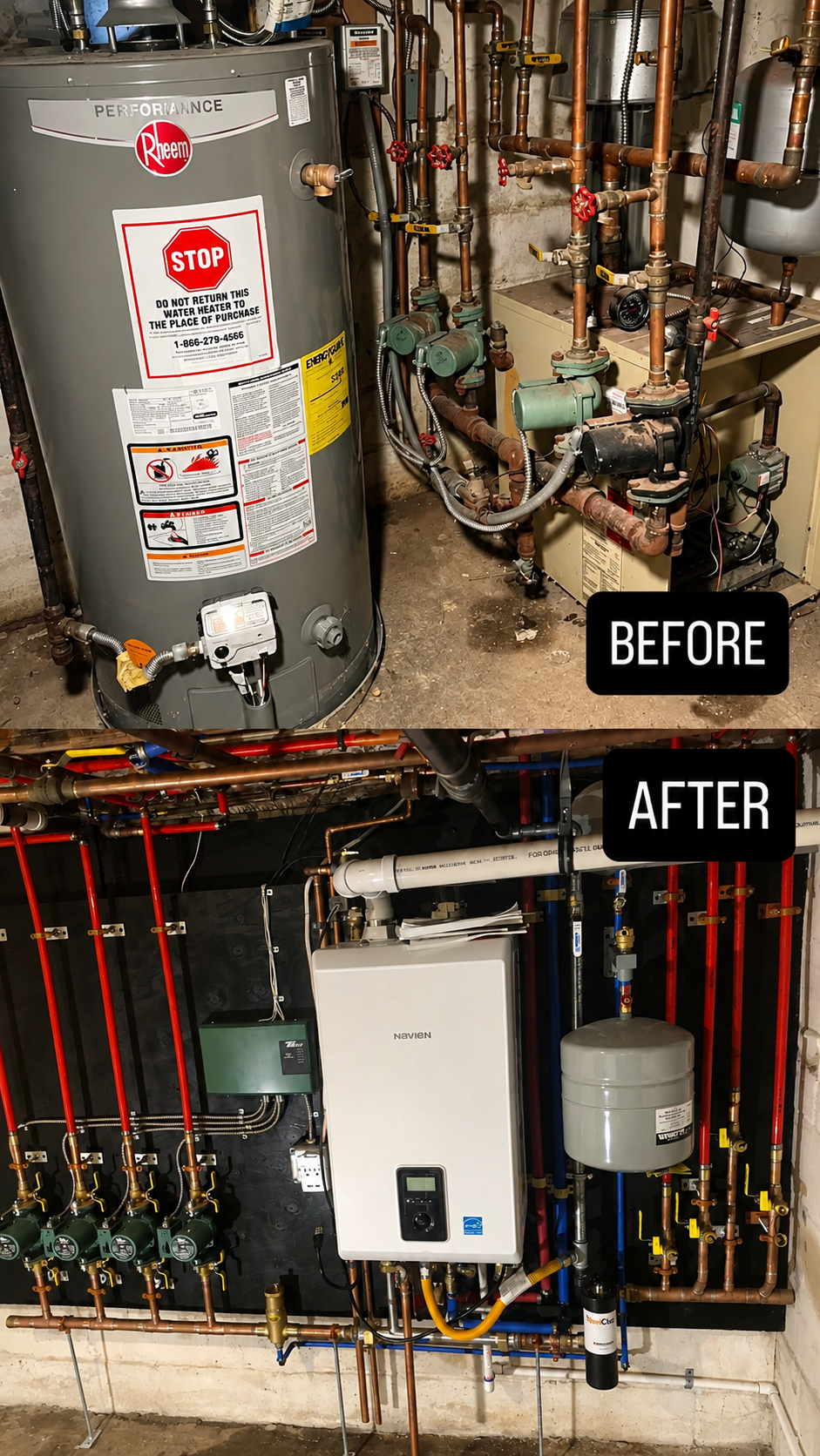Before and after comparison of a plumbing system upgrade with new equipment and piping.