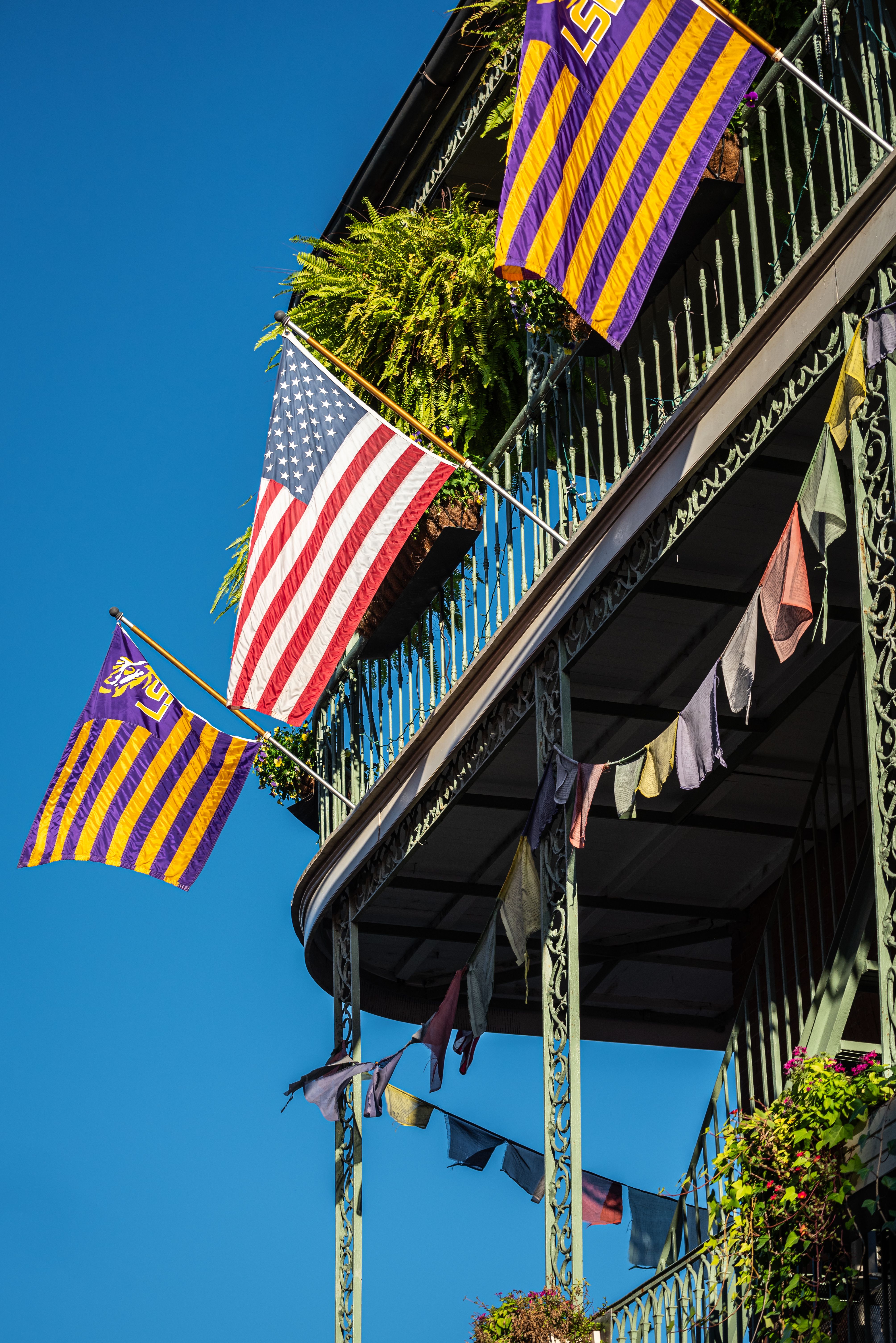 American and LSU flags on a wrought iron balcony with hanging plants